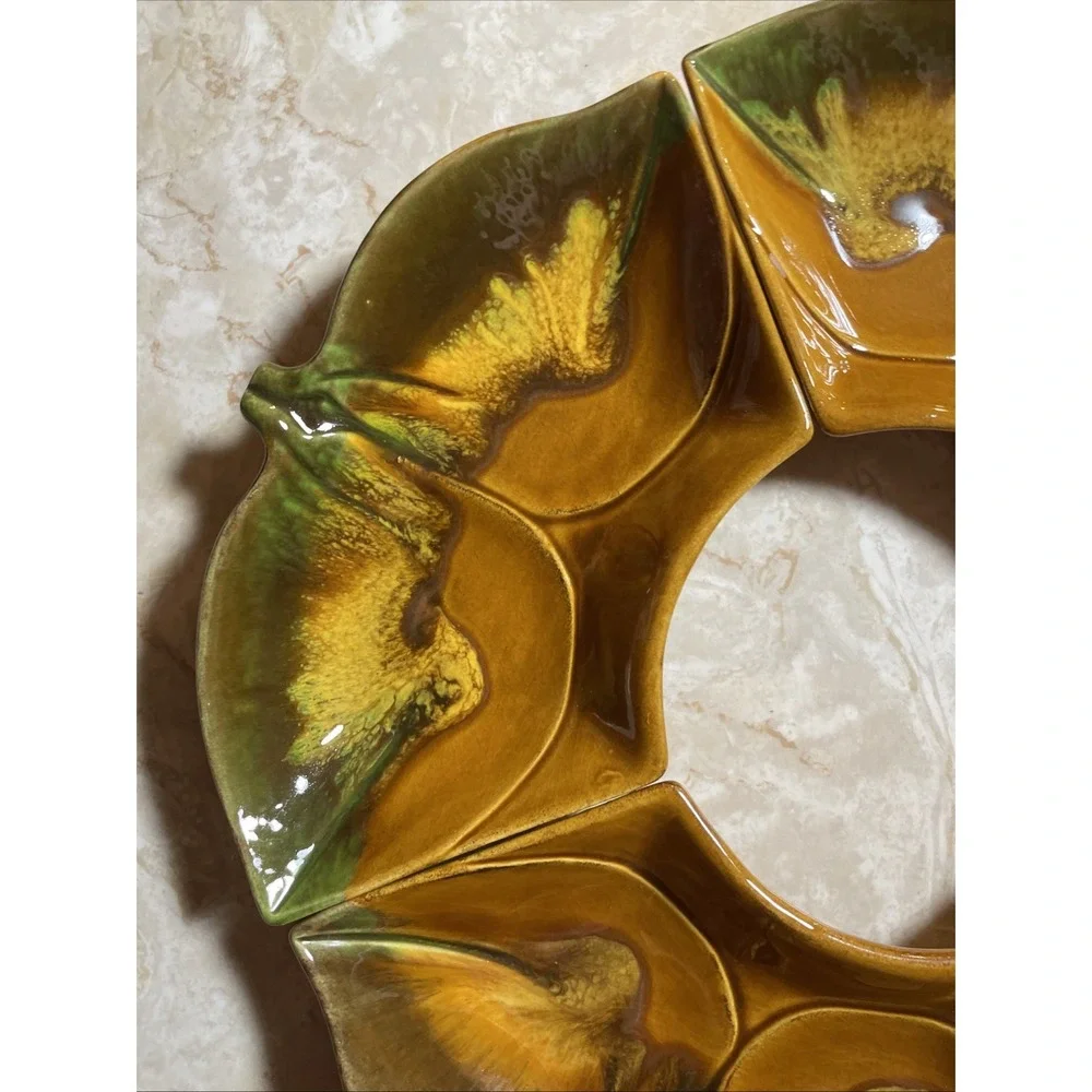 Vintage MCM ceramic lazy susan relish dish set leaf‎ or acorn green brown glaze